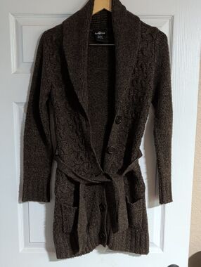 Dark Brown Cable-Knit Shawl Collar Cardigan with Tie